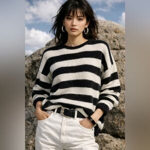 TOMORROWLAND Black & White Striped Crewneck Mohair Blend Oversized Sweater